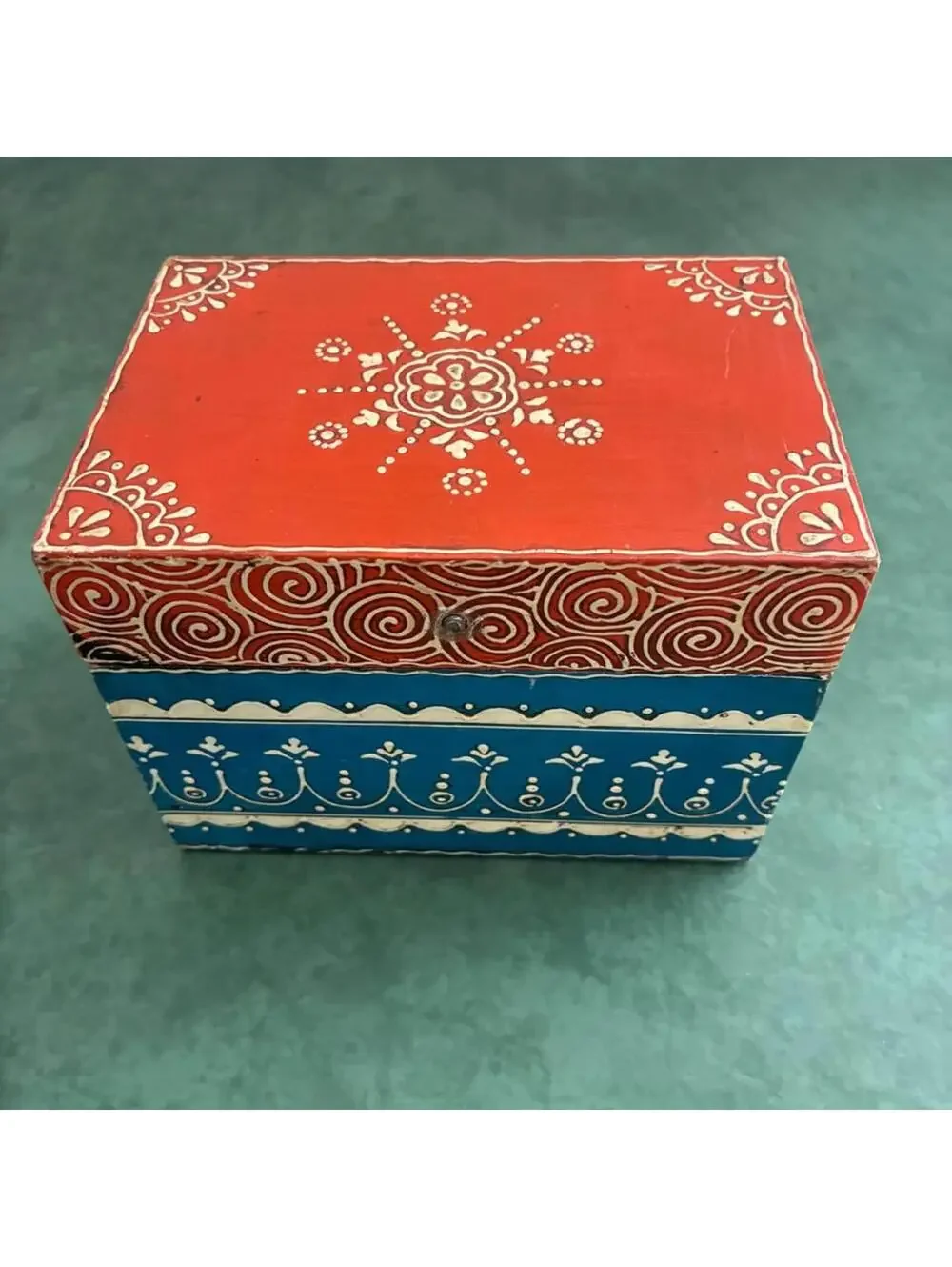 Hand Painted Indian Folk Art Wooden Trinket Box Jewelry Box Blue Red